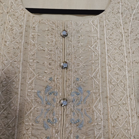 Embroidered Salwar Kameez Dupatta Long Scarf Beige Gold Organza Party Wear Dress - Picture 6 of 14